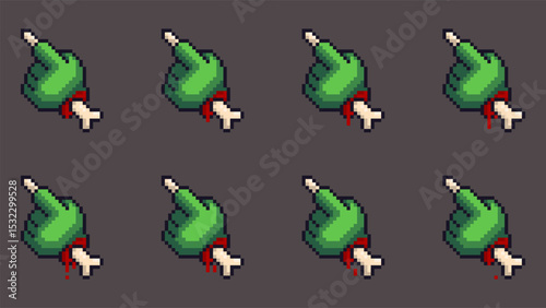 Pixel art set of zombie hand cursors with pointing finger gesture designed as animation frames for creating a cursor or character motion. Ideal for spooky or retro-style video game interfaces.