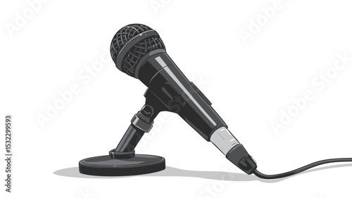 The image is a grayscale illustration of a dynamic microphone on a desktop stand. The microphone is depicted with a detailed rendering of its components, including the mesh grille, body