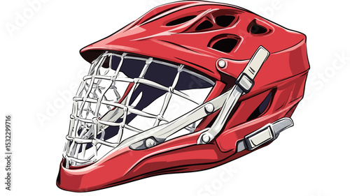 A digital illustration of a red lacrosse helmet viewed in a three-quarter perspective. The helmet features a prominent white cage for facial protection, exhibiting a detailed mesh structure. 