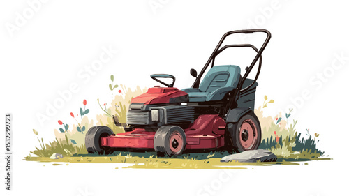 A digital illustration depicts a red lawn tractor positioned within a verdant setting. The tractor, rendered in a style that blends realistic detail with painterly effects, features a dark gray