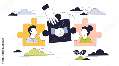 Mediation concept shows two people connected by handshake puzzle piece, symbolizing agreement and conflict resolution. Doodle style