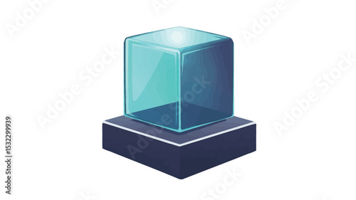 The image depicts a digitally rendered isometric view of a transparent, cubic crystal exhibiting a vibrant cyan glow emanating from its interior. The cube rests atop a dark, rectangular base