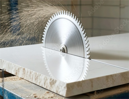 metal saw blade cut through granite stone slab