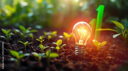 A glowing lightbulb illuminates burgeoning seedlings in rich soil, symbolizing growth and the bright promise of sustainable energy