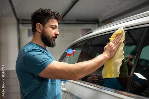 Man cleaning his car in his garage