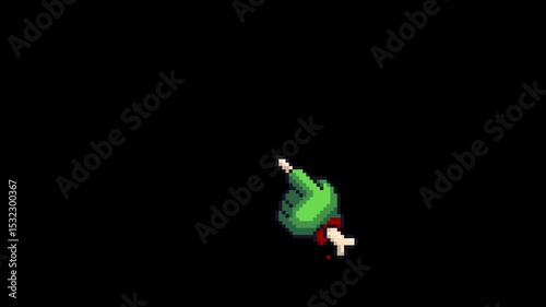 Zombie hand cursor performs a click with pixel animation on a black background. Dark and playful style, ideal for horror or arcade-themed motion graphics.