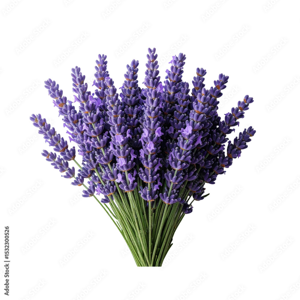 Naklejka premium A vibrant bouquet of fresh lavender flowers with green stems arranged in a fan shape.