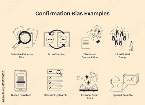 Confirmation bias is shown through selective evidence, echo chambers, and ignored data, illustrating how beliefs are reinforced. Doodle style