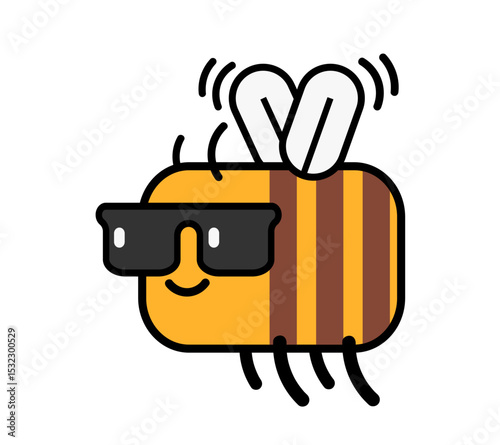 Cool cartoon bee with sunglasses, flying and smiling. Fun flat vector illustration.