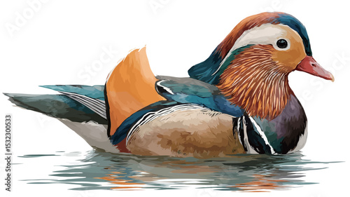 A detailed digital painting or illustration of a Mandarin duck (Aix galericulata) is presented against a plain white background. The duck is depicted in profile view, swimming on calm water