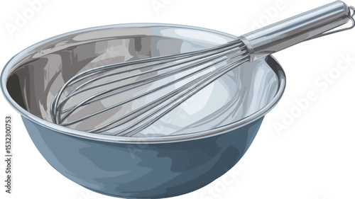 The image presents a high-angle, close-up view of a stainless steel mixing bowl and whisk against a plain background.  The bowl is a muted grey-blue tone, exhibiting subtle reflections suggesting a