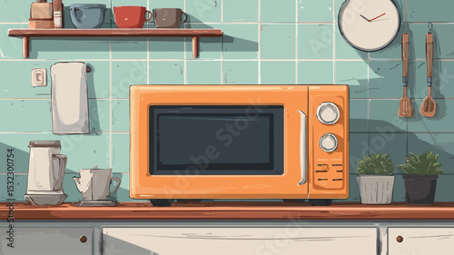 A digital illustration depicts a retro-styled orange microwave oven as the central focus, positioned on a light-colored kitchen countertop. The microwave is rendered in a cartoonish style with