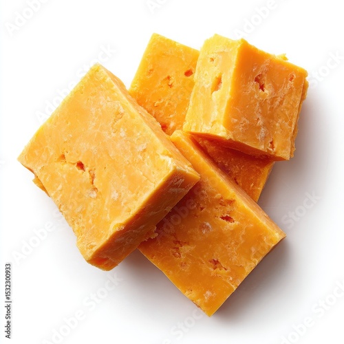 Three irregular chunks of pale orange cheese,  showing texture and small holes, sit on a white background