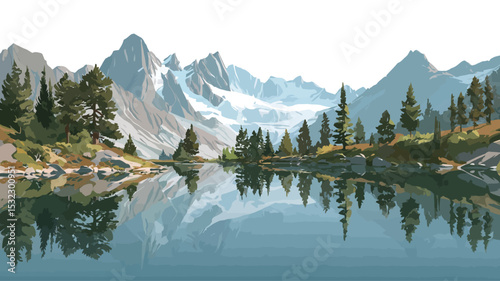 The image showcases a picturesque landscape dominated by a calm mountain lake. The lake's surface acts as a mirror, reflecting the surrounding environment with exceptional clarity. 
