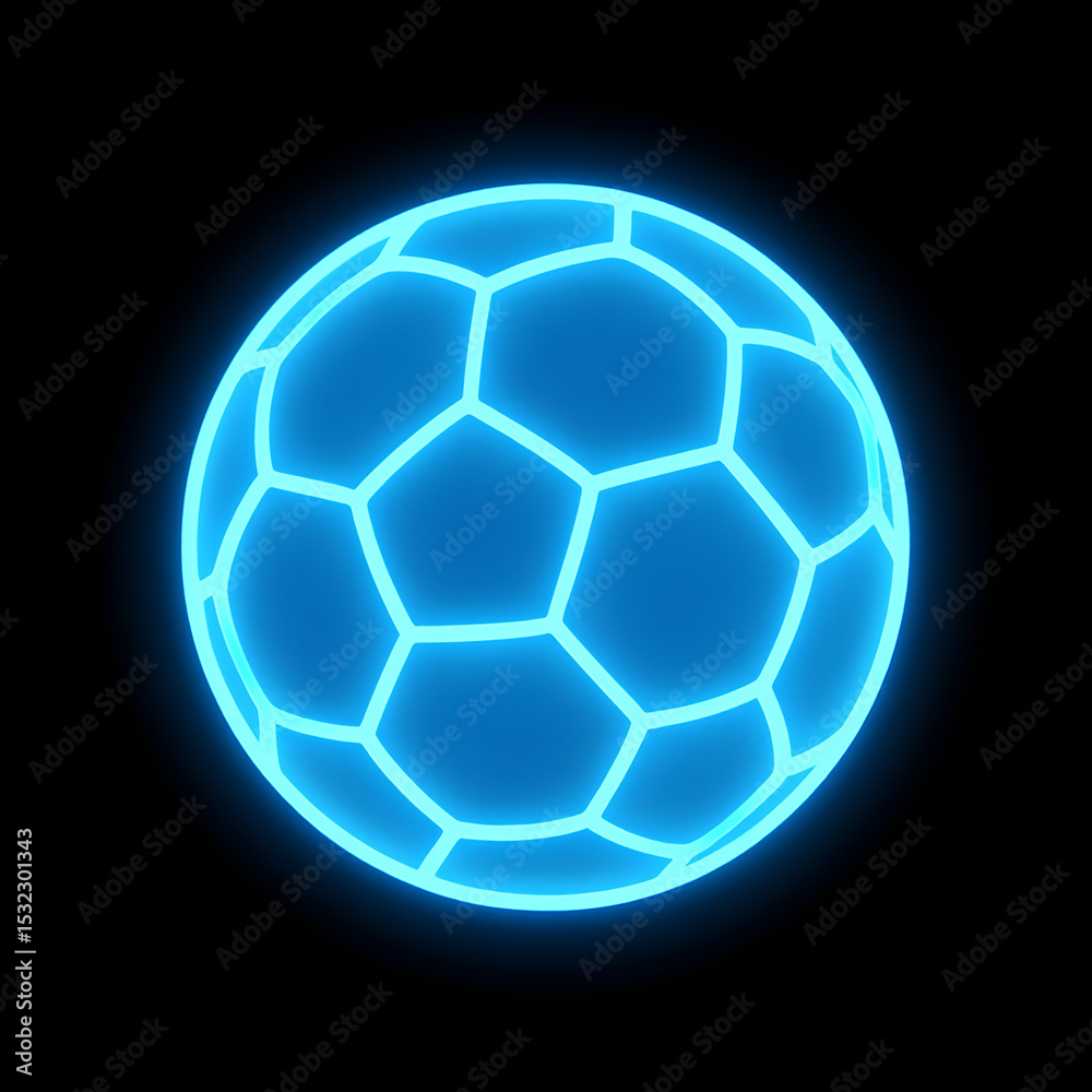 Fototapeta premium A glowing neon blue soccer ball with hexagonal patterns, against a black background.
