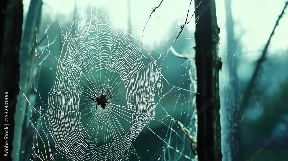 Close up spider web with spider in old window, spiderweb glistening with dew, arachnid.