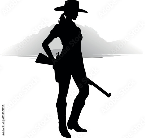 Black and White Silhouette Cowgirl Rifle Landscape