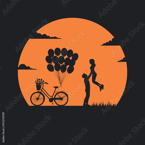 Black Silhouette Couple Balloons Bicycle Orange Sunset