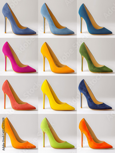 Collection of stiletto high heel shoes, rainbow spectrum colors arranged in grid pattern against white background for fashion retail catalog display.