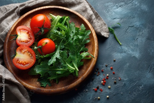 Fresh Salad Arrangement: A wooden plate hosts a fresh salad featuring vibrant red tomato and green arugula, arranged to tantalize taste buds and awaken the senses.