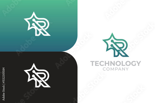 Letter r with star, technology logo, application logo, software company logo, data logo, connect logo template
