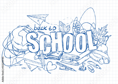 Hand-drawn illustration in the style of a doodle on the background of a notebook sheet and a variety of school subjects