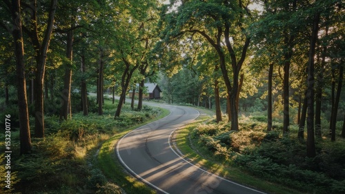 Winding road through lush green forest at sunset