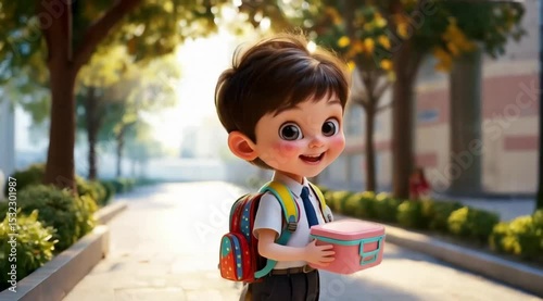 Young child walking outdoors with backpack and lunchbox in hand