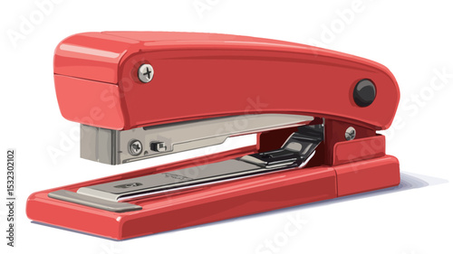 High-angle, close-up studio shot of a red office stapler isolated on a pure white background. The stapler is predominantly red plastic with visible metallic components, such as the staple channel