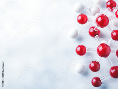 Colorful molecules science themed abstract background with red and white atoms connected by transparent bonds, symbolizing