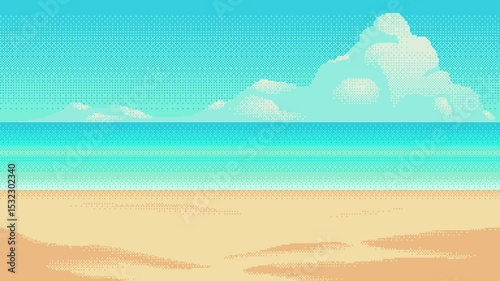 Looped pixel art animation of ocean waves gently arriving on a tropical beach. Calm and relaxing coastal scenery.