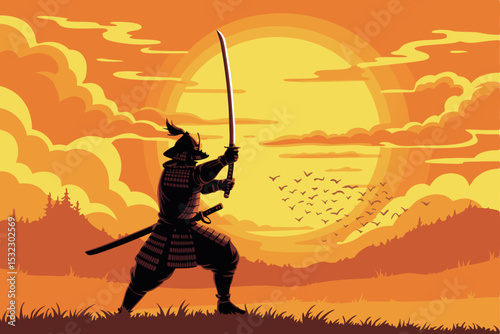 Samurai Silhouette Sunset Sword Birds Landscape warrior