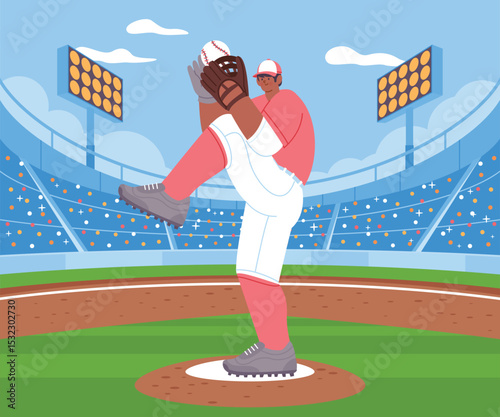 Baseball Pitcher hand-Drawn flat Composition