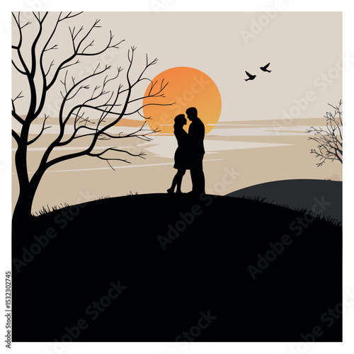 Silhouette Couple Embracing Sunset Hillside Landscape