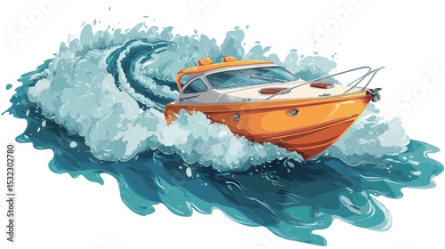 The image is a digital illustration depicting a speedboat navigating through a body of water.  The boat is predominantly orange and white, with visible details suggesting a cabin and railings.