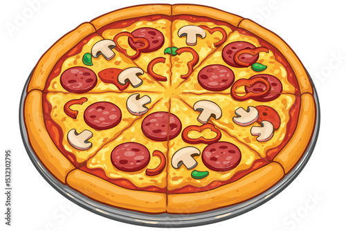 Delicious Cartoon Pizza with Pepperoni, Mushrooms, and Green Peppers Topping