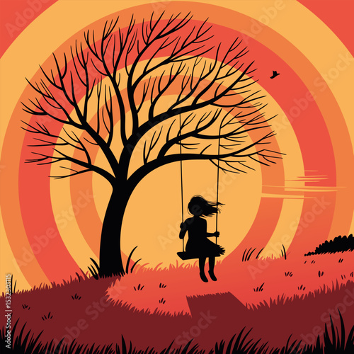 Silhouette Girl Swinging Sunset Tree Orange Background