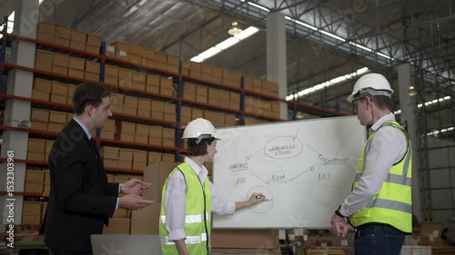 Blue collar workers are working and meeting at warehouse. Industrial and factory.