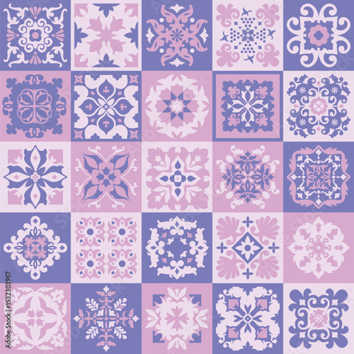 Traditional Ornate Portuguese Decorative Tiles, Purple Pink Azulejo Mosaic Decor