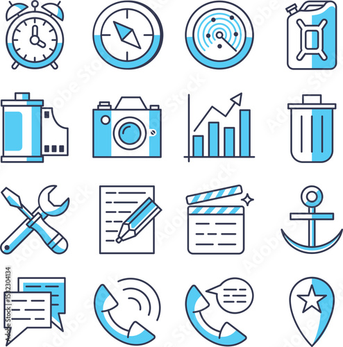 Blue Line Icons Time, Camera, Tools, Communication & More