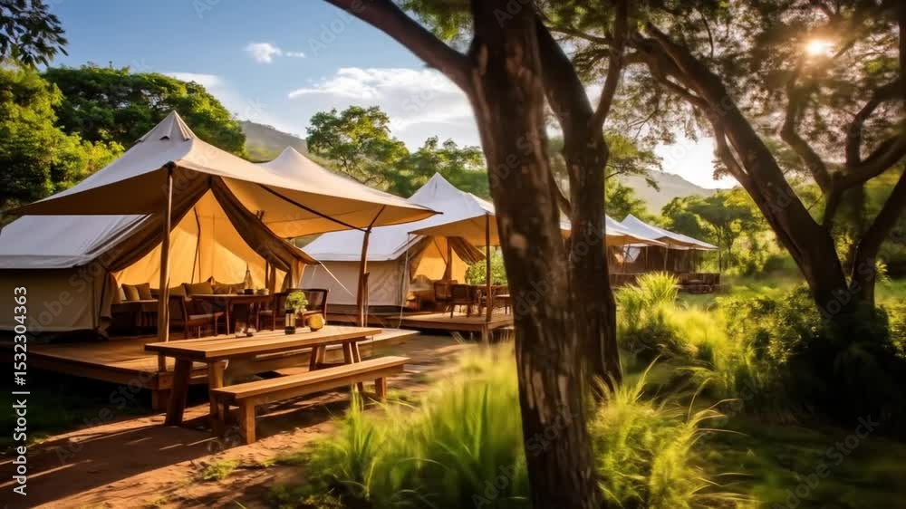 Beige Tents On Wooden Decks In Scenic Nature Campsite Beige Tents On Wooden Decks In Scenic Nature Campsite