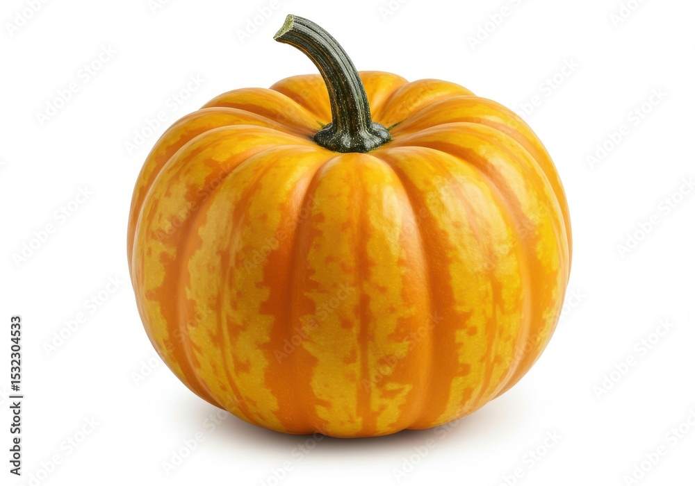 Fototapeta premium Yellow and orange striped pumpkin with green stem