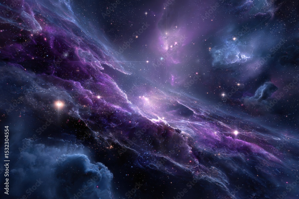 Fototapeta premium Celestial Symphony: A breathtaking cosmic nebula, swirling with vibrant hues of purple and blue, unveils a universe of infinite beauty, adorned with a scattering of radiant stars.