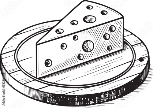 Cheese on Cutting Board Diary Product Vector Illustration, Sketch Drawing Line Linear Symbol Icon Engraving Coloring Book, Hand-drawn Black and White Isolated