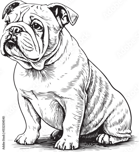 English bulldog purebred dog breed Vector Illustration, Sketch Drawing Line Linear Symbol Icon Engraving Coloring Book, Hand-drawn Black and White Isolated
