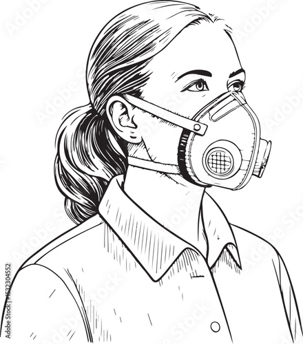 Woman in Respirator Protective Mask Vector Illustration, Sketch Drawing Line Linear Symbol Icon Engraving Coloring Book, Hand-drawn Black and White Isolated