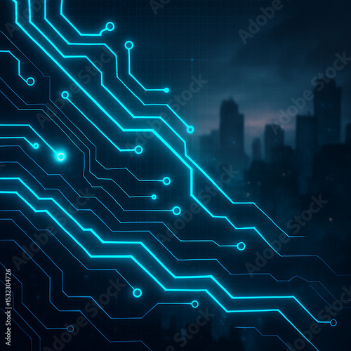 Futuristic Neon Circuit Board Background with Glowing Blue Pink and Red Lines in a Digital Grid Space for Technology and Innovation Themes