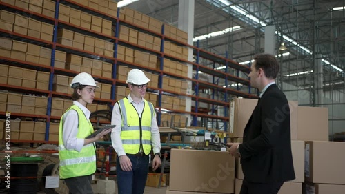 Blue collar workers are working and meeting at warehouse. Industrial and factory.