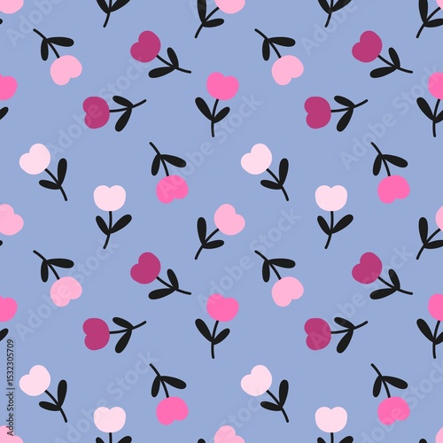 Seamless pattern of pink and magenta heart-shaped flowers with black stems on a soothing periwinkle background, perfect for textiles or digital art.