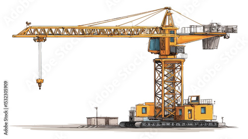 A digital illustration depicting a detailed yellow construction crane set against a stark white background. The crane is presented in a three-quarter view, showcasing its various components